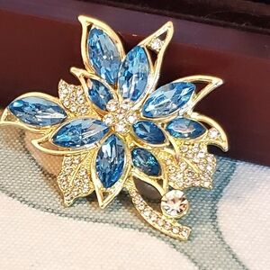 Gold-Tone Blue Crystal Floral Brooch - Women's Jewelry Accessory
